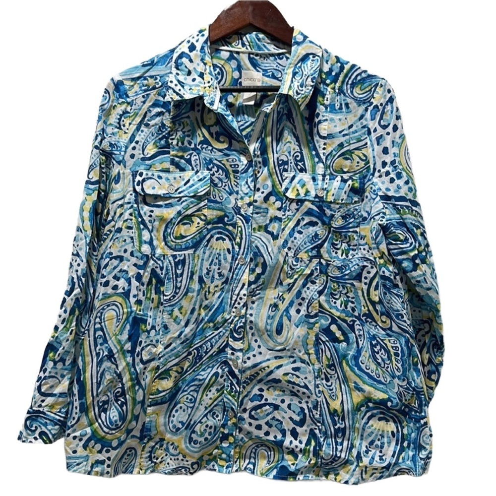 Chico’s  blouse size 2 GUC blue -yellow and green colors…
